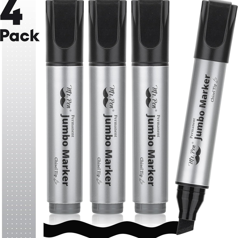 Mr. Pen- Jumbo Permanent Markers, 4 Pack, Black, Chisel Tip | Wide Tip, Large, Thick Permanent Markers for Canvas, Posters Board, Fabric, Window, Glass, Wood, Waterproof, Quick Dry