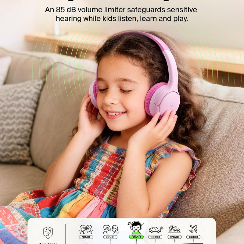 Belkin SoundForm Mini 2 Bluetooth Kids Headphones, On Ear, 55H Battery Life | Toddler headphones, 85dB Volume Limit, Built-in Mic, Wired Connection Option, iPad, Android Tablet, School, Travel