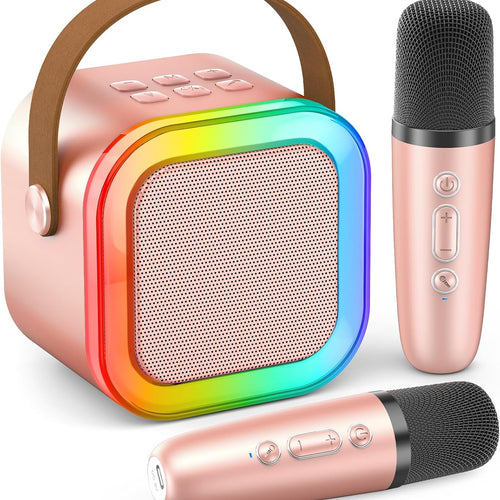 rose gold mini karaoke machine with 2 wireless microphones and 6-10h battery life