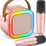 rose gold mini karaoke machine with 2 wireless microphones and 6-10h battery life