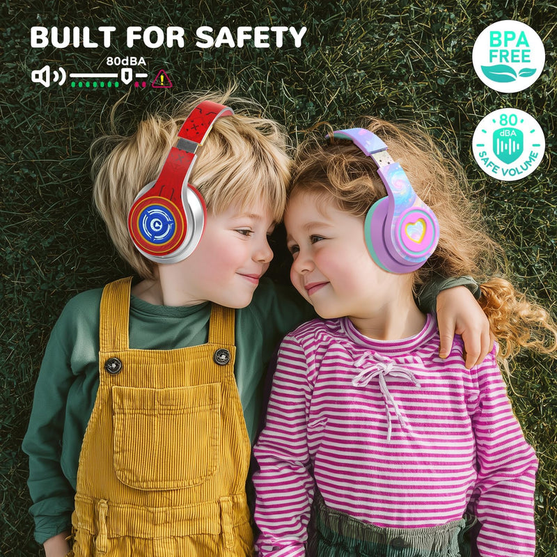 iClever Auraa Active Noise Cancelling Headphones for Kids, LED Light Up, Bluetooth 6.0, Safe Volume 80dBA, 47H Play Time,Fast Charging,Kids Headphones Wireless with Mic AUX Cord for Travel iPad,Purple