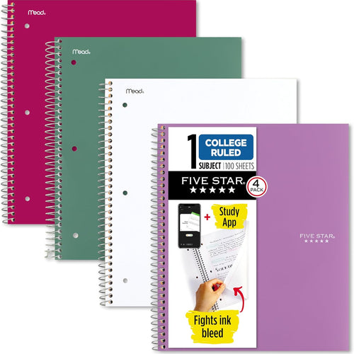 Five Star Spiral Notebook + Study App, 100 Sheets, 1 Subject, College Ruled Paper, Fights Ink Bleed, Water Resistant Cover, 820337-ECM, Purple, Pink, White & Green, 8-1/2" x 11", 4 Pack