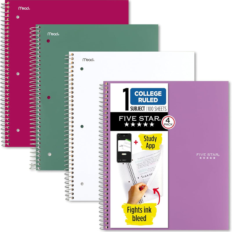 Five Star Spiral Notebook + Study App, 100 Sheets, 1 Subject, College Ruled Paper, Fights Ink Bleed, Water Resistant Cover, 820337-ECM, Purple, Pink, White & Green, 8-1/2" x 11", 4 Pack