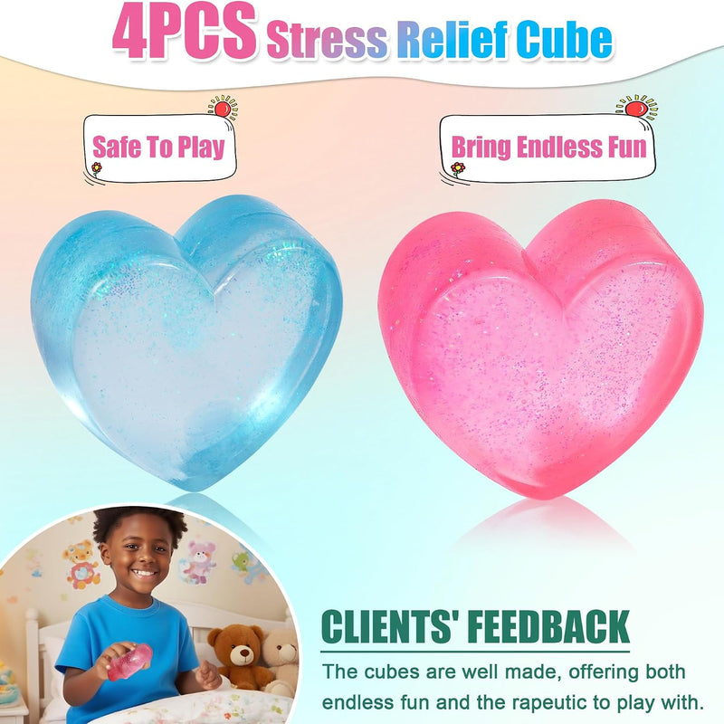 2-Pack Stress Cube Set: Quiet Squishy Toys for Anxiety Relief & Improve Focus, Durable, Sensory Squeeze Blocks for Adult Kid in Classroom Office Home Car (2” Wide, Blue & Pink)