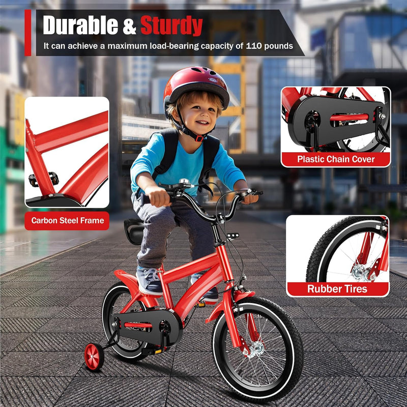 14 Inch Kids Bike for Boys and Girls with Training Wheels, Adjustable Height, Multiple Colors