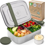 Everusely - Bento Box - Green, 27oz / 0.8 L - Stainless Steel Lunch Box with Leakproof Condiment Container - 3 Compartment Snack Organizer for On the Go Meals - Freezer & Dishwasher Safe