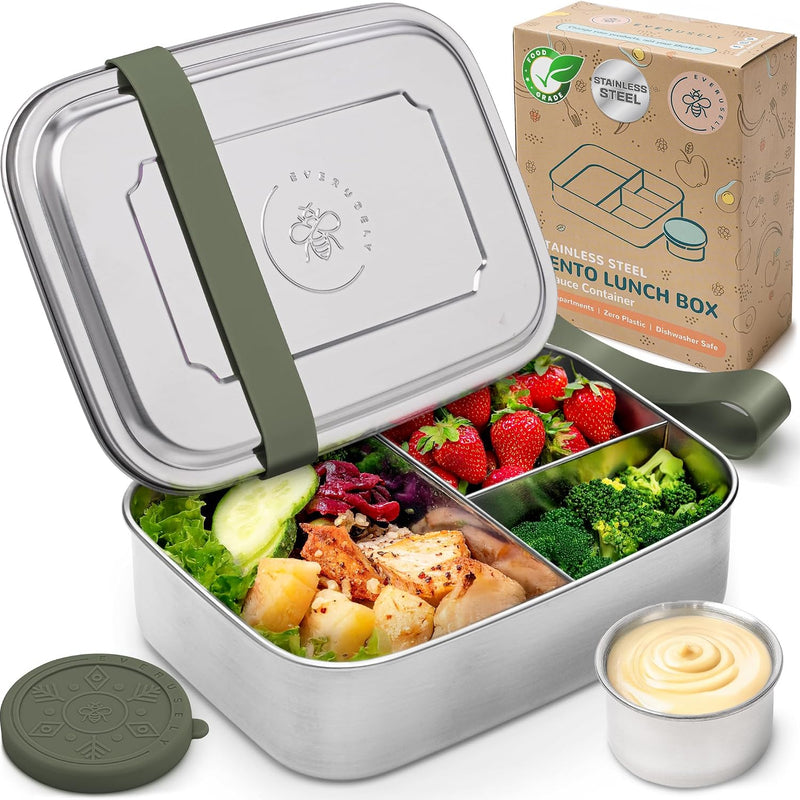 Everusely - Bento Box - Green, 27oz / 0.8 L - Stainless Steel Lunch Box with Leakproof Condiment Container - 3 Compartment Snack Organizer for On the Go Meals - Freezer & Dishwasher Safe