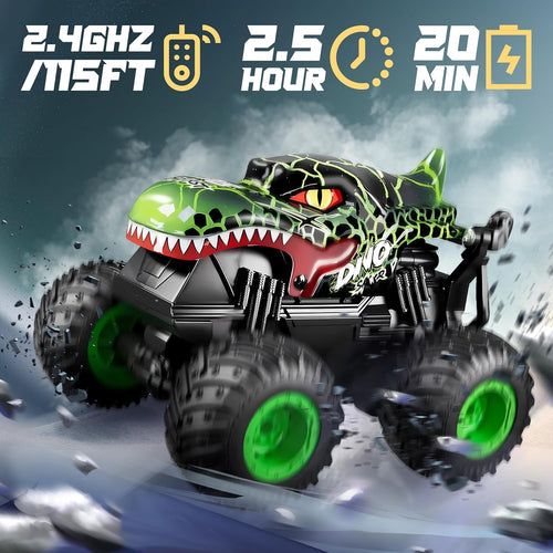 BEZGAR 1:20 Scale Remote Control Monster Truck with Light & Music for Kids 4-7, Dinosaur RC Car with 360° Spins and Drifting