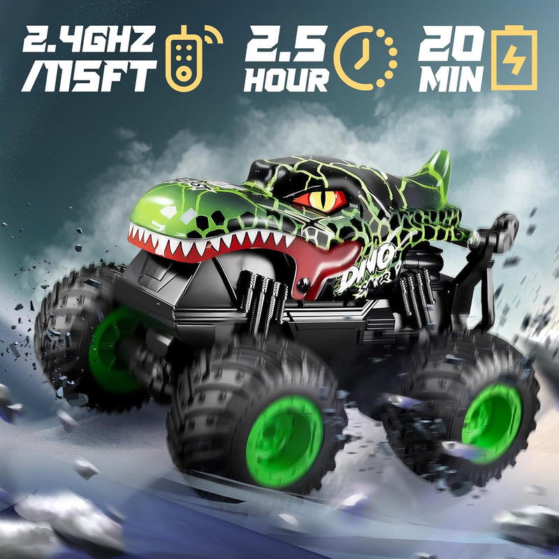 BEZGAR 1:20 Scale Remote Control Monster Truck with Light & Music for Kids 4-7, Dinosaur RC Car with 360° Spins and Drifting