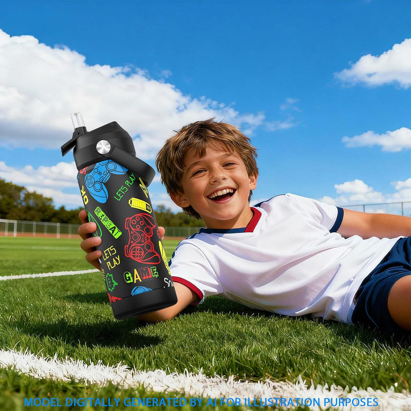 Boys Game Water Bottle for School，Kids 18 oz Insulated Stainless Steel Cup with Straw, Double-Wall Vacuum Leakproof