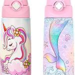 Girls Insulated Water Bottle with Covered Pop-Up Straw,16 oz Kids Cups with Stainless Steel Leak Proof for School Pink（Unicorn）