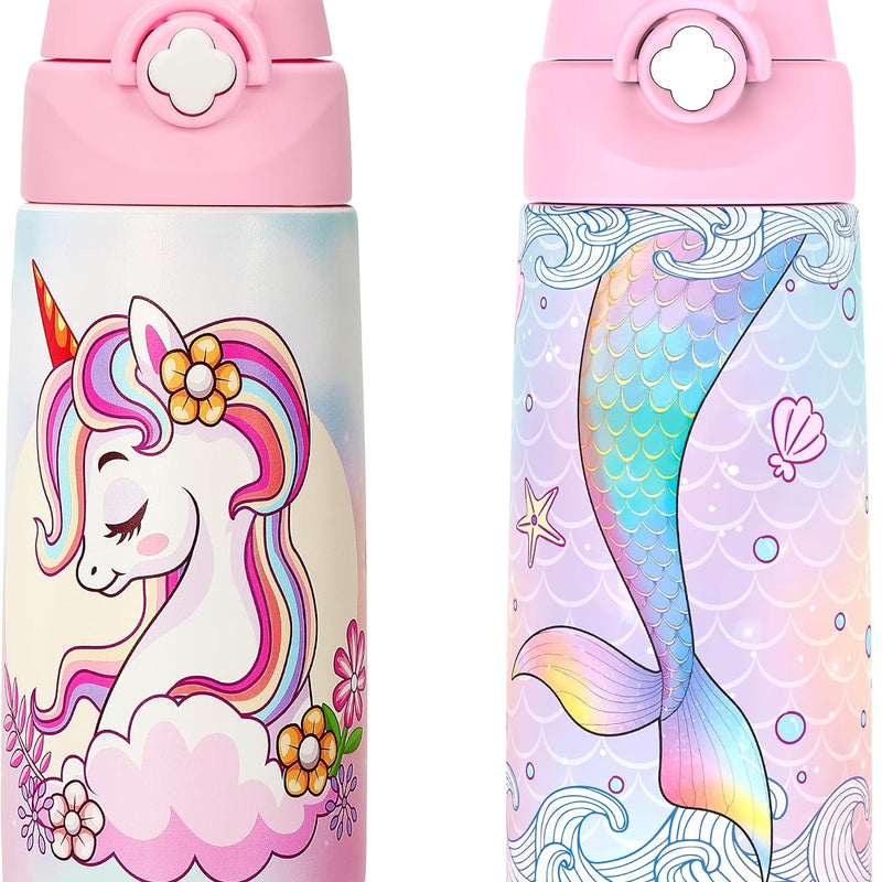 Girls Insulated Water Bottle with Covered Pop-Up Straw,16 oz Kids Cups with Stainless Steel Leak Proof for School Pink（Unicorn）