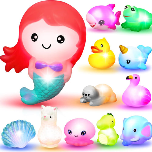 JOYIN 12 PCS Light Up Bath Toys, Toddler Flashing Colourful LED Bathtub Mermaid Toy, Baby Bathtime Floating Rubber Shower Gifts for Infant Kids Girls Valentines Easter Basket Stuffers Pool Party Favor