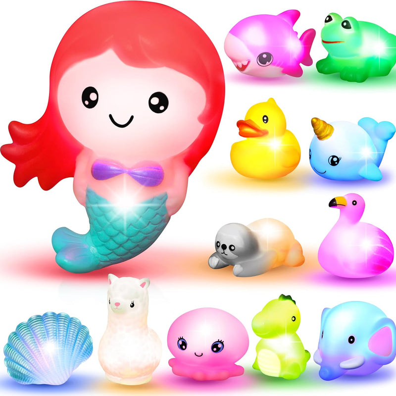 JOYIN 12 PCS Light Up Bath Toys, Toddler Flashing Colourful LED Bathtub Mermaid Toy, Baby Bathtime Floating Rubber Shower Gifts for Infant Kids Girls Valentines Easter Basket Stuffers Pool Party Favor