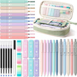 Four Candies 39 PCS Aesthetic Stationery Set with Cute Pen Case, College Supplies and Nursing Essentials, 12 Pastel Highlighters, 5 Black Gel Pens, 6 Mechanical Pencils, Pink