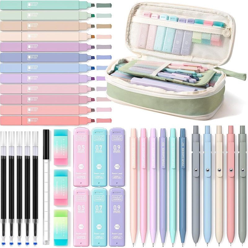 Four Candies 39 PCS Aesthetic Stationery Set with Cute Pen Case, College Supplies and Nursing Essentials, 12 Pastel Highlighters, 5 Black Gel Pens, 6 Mechanical Pencils, Pink
