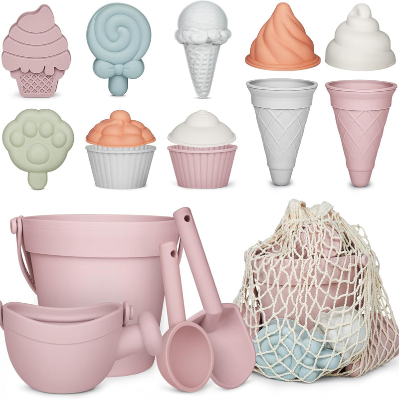 MarcZero 17Pcs Silicone Beach Toys Set for Toddlers Sand Toys, Pink | Baby Beach Toys soft silicone bucket, watering can, shovel, spoon, sand molds, beach bag for beach or sandbox