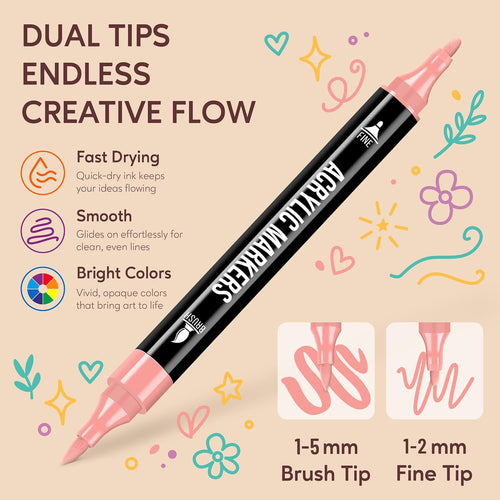 Pagather 24 Colors Acrylic Paint Markers, Dual Tip with Fine Tip and Brush Tip Pens for Fabric, Stone, Wood, Canvas, Ceramic, Metal, Glass, Rock Painting, DIY Crafts