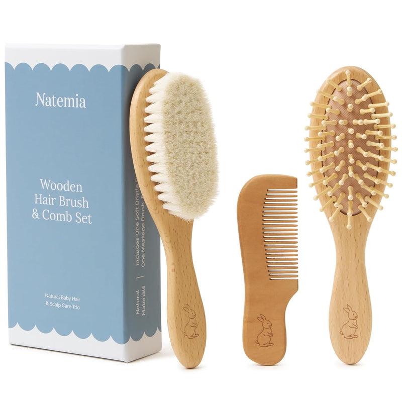 Natemia Wooden Baby Hair Brush - Natural Goat Hair Bristles - Gentle Soft Bristles for Scalp Massage - Cradle Cap Comb for Flake Removal - For Baby Grooming Kit & Toddler Hair Brush