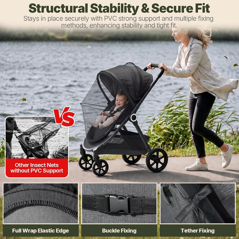 Orzbow Baby Mosquito Net for Stroller, Universal Fit, Breathable, Black | Tear-Resistant Mesh, Insect Barrier w/Travel Bag for Stroller, Car Seat, Bassinet, Cradle, Mini Cribs, Baby Summer Essential