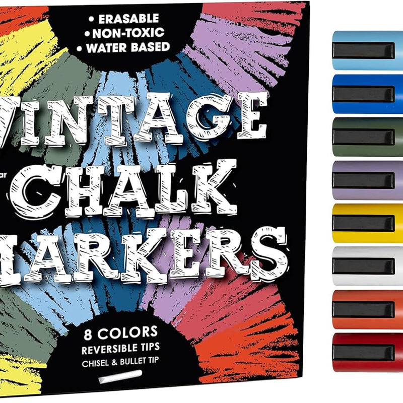 Bandle B. Chalk Markers - 8 Vibrant, Erasable, Non-Toxic, Water-Based, Reversible Tips. For Glass or Chalkboard Markers for Businesses, Restaurants, Liquid Drawing Chalk (Vibrant 6mm)