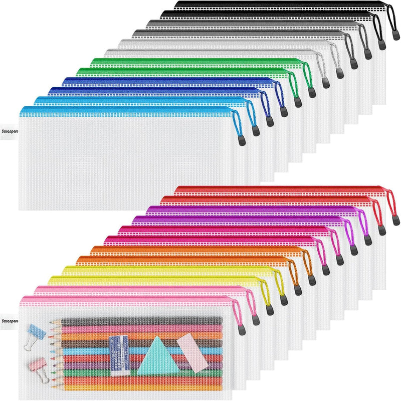 Smarpau 24 Pack Pencil Pouches, A6 Waterproof PVC Pencil Bags, 12 Colors Mesh Zipper Pouches for School Supplies, Classroom Organisation, Office Documents & Travel Storage
