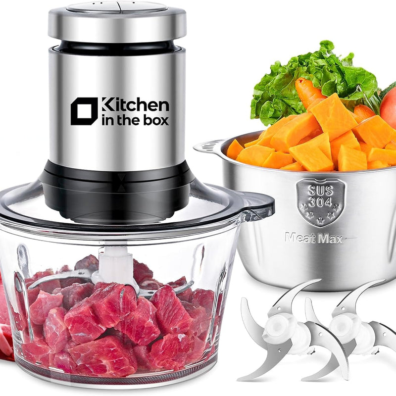 Kitchen in the box Food Processors,Small Meat Grinder & Food Chopper Electric Vegetable Chopper with 2 Bowls (8 Cup+8 Cup)& 2 Bi-Level Blades for Meat/fish/Vegetable/Baby Food,Black