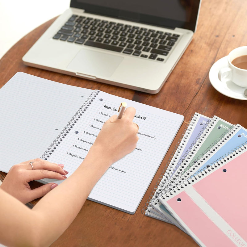 SUNEE Spiral Notebooks College Ruled, 1-Subject, 4 Pack, 8 x 10-1/2 in, 70 Sheets, 3-Hole Punched 70gsm Paper, Pastel Pink, Purple, Blue, Green for School, Home & Office, Writing Journal