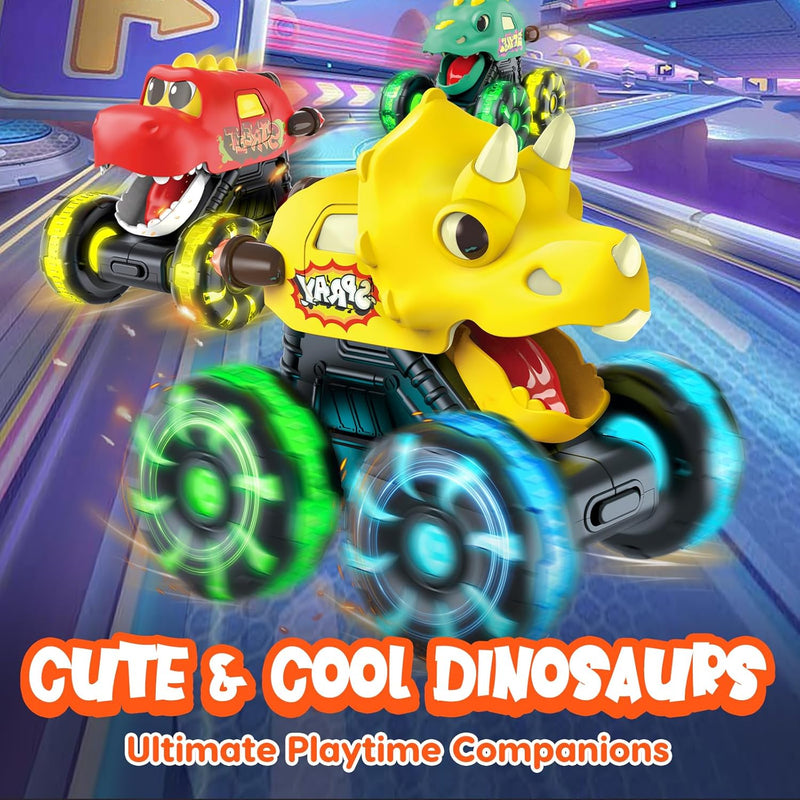 Monster Truck Toys with Dinosaurs for Toddlers 1-3, Press-and-Go Lights-Up Trucks