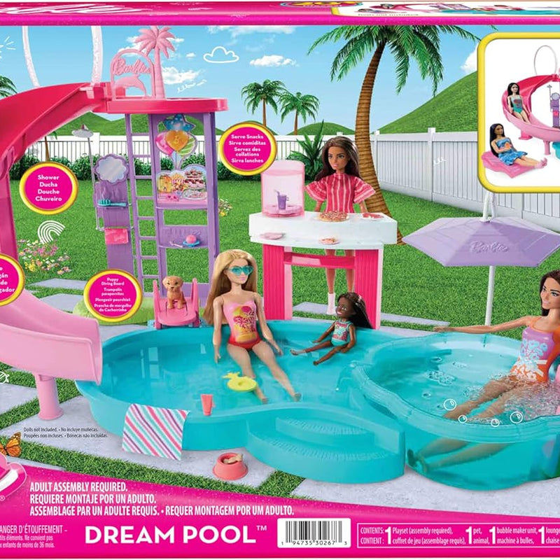 Barbie Dream Pool Playset with 6 Play Areas, Including Slide & Bubbling Hot Tub, Plus 20+ Accessories Like Pet, Floaties & More