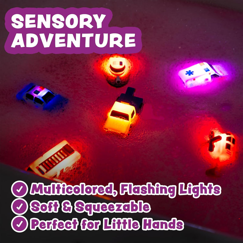Tub Works Emergency Cars Light Up Bath Toys, 6 Pack, Water-Activated Lights, Soft and Squeezable