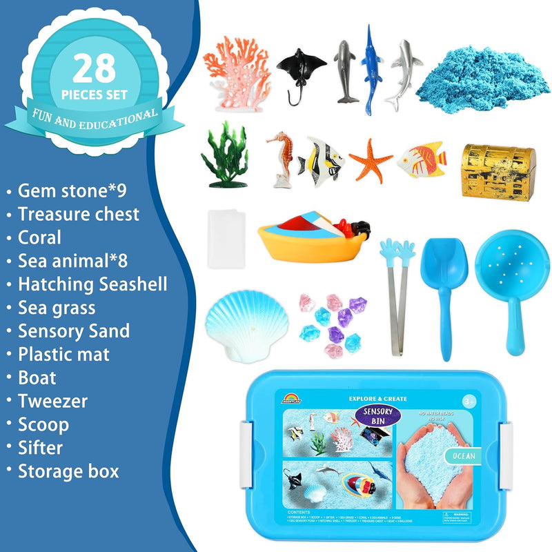 AGENTLAN Ocean Sensory Bin with Sensory Sand, Ocean Toys for Kids | Sand Kit with sea animals, Sea sand box sensory kit, Gift for toddlers ages 3+