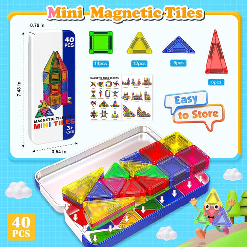 Mini Magnetic Tiles, 40 PCS tin travel magnetic tiles for kids age 3+, STEM educational building set