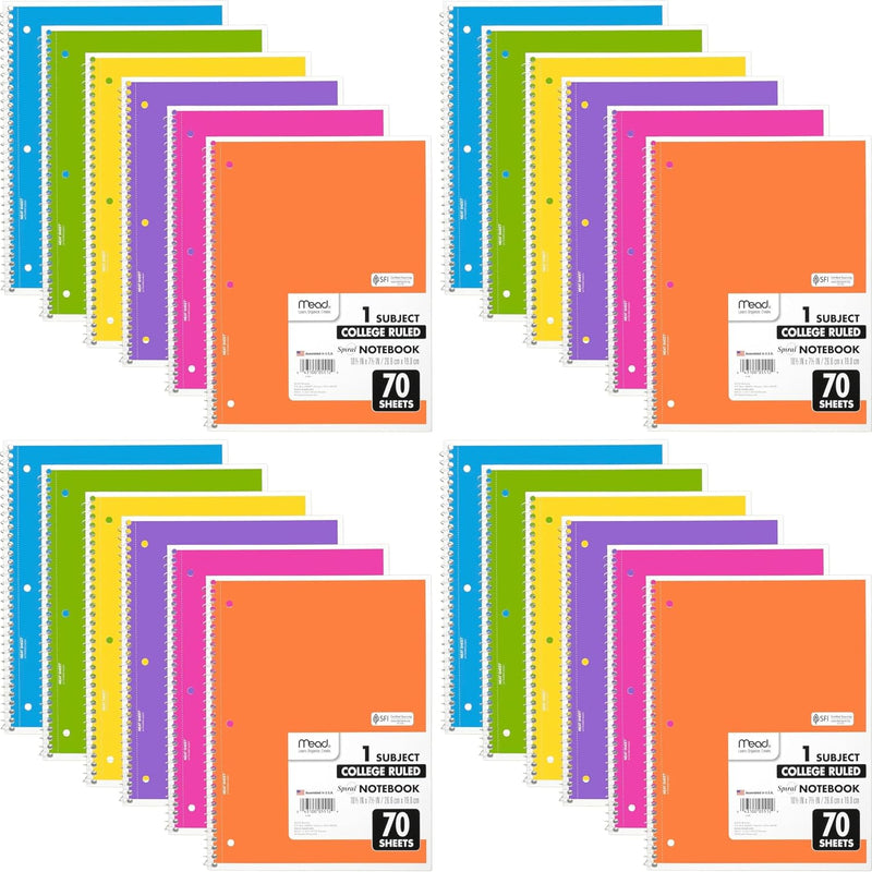 Mead Spiral Notebook, 6 Pack, 1 Subject, College Ruled Paper, 7-1/2" x 10-1/2", 70 Sheets per Notebook, Assorted Pastel Colors (830049)