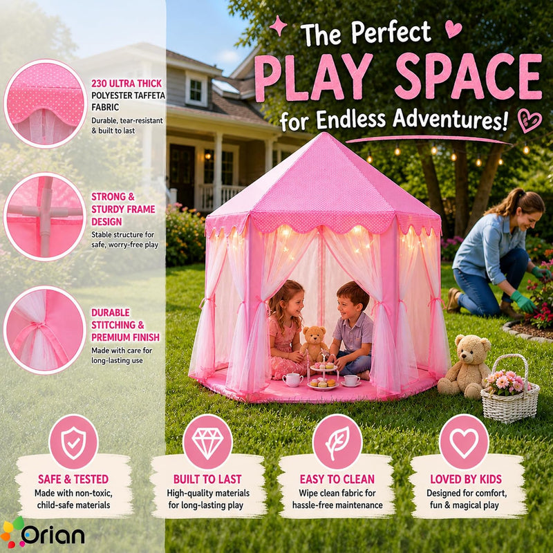 Orian Princess Tent for Kids, Toddler & Kids Pink Play Tent Indoor & Outdoor Princess Castle Fort for Girls and Toddlers Ages 2-7, 55”x53”, LED Star Lights, Children’s Toys and Gifts for Girls