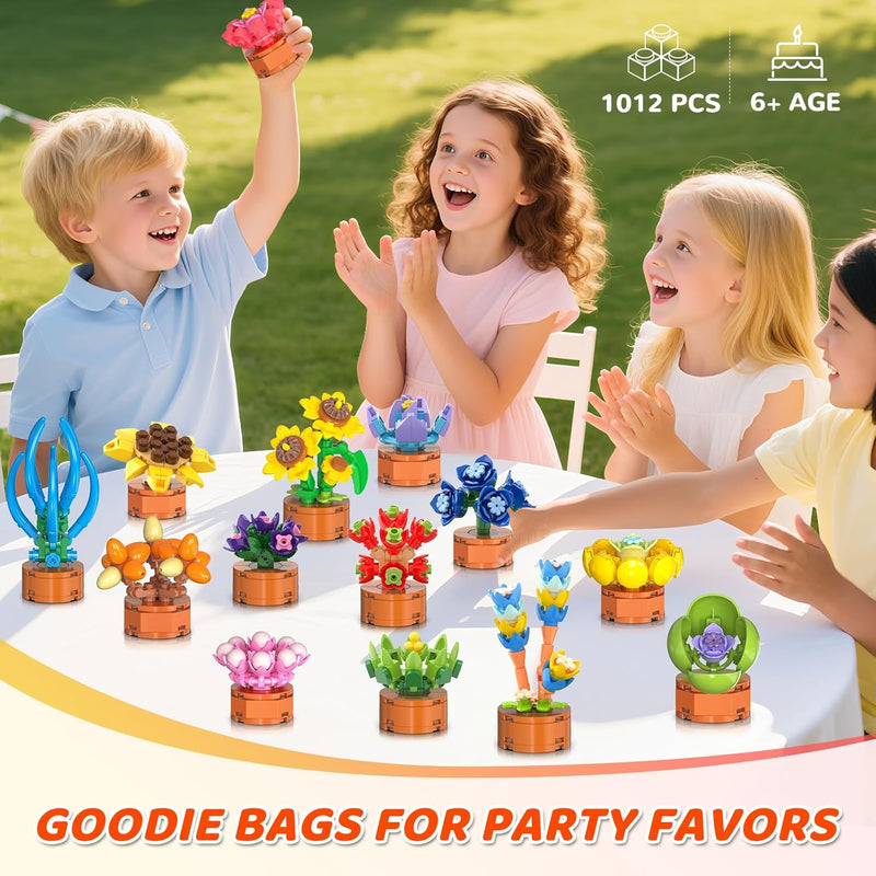 24 Pack Flowers Succulents Party Favors for Kids Building Set - 1012PCS Botanical Bonsai 3.6mm Mini Building Blocks Toy for Goodie Bags Stocking Stuffers Classroom Prize Birthday Gifts for Girl Boy 6+