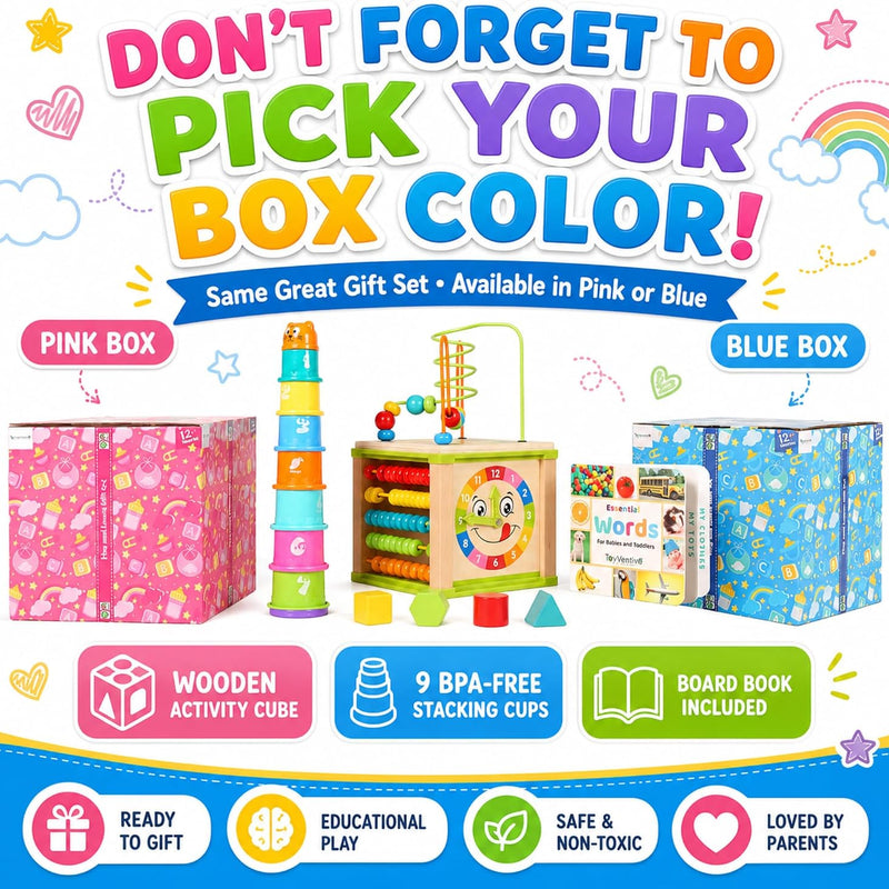 Wooden Activity Cube for Baby, Montessori Toys for 1 Year Old, Baby Toys 1 Year Old, Toys for 1+ Year Old Girl - Wooden Activity Center with Bead Maze Toy, Baby Stacking Cups, Book, in Pink Gift Box