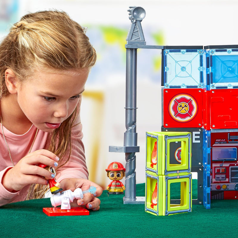 Tile Town Fire Station Magnetic Tiles Set, 66 Piece Kids Magnet Toy, Innovative Action Play Magnetic Tile Building Set Ages 3-6, Amazon Exclusive