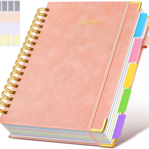 Hardcover Spiral Notebook Journal with Removable Dividers Tabs, 300 Pages Leather 5 Subject Notebook College Ruled, 8"x10" Large B5 Notebooks for Work School Note taking, Lined Journal for Women, Pink