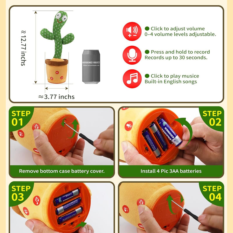 Adjustable Volume Dancing Talking Cactus Baby Toy for 0-6 Months, 4-Level Volume Control, 120 English Songs
