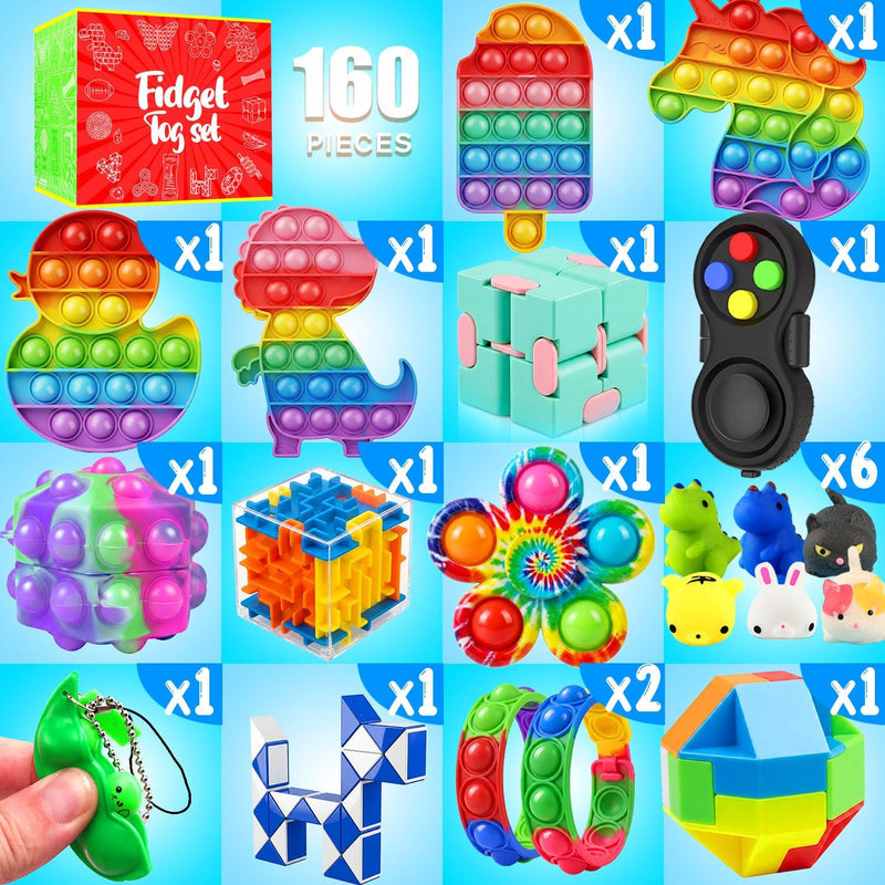 Fidget Toys, 160 Pack Party Favors for Kids 8-12 4-8, Sensory Toys Bulk Autism Autistic, Treasure Box Toys for Classroom, Stocking Stuffers, Goodie Bag Stuffers, Christmas Birthday Gifts Prizes