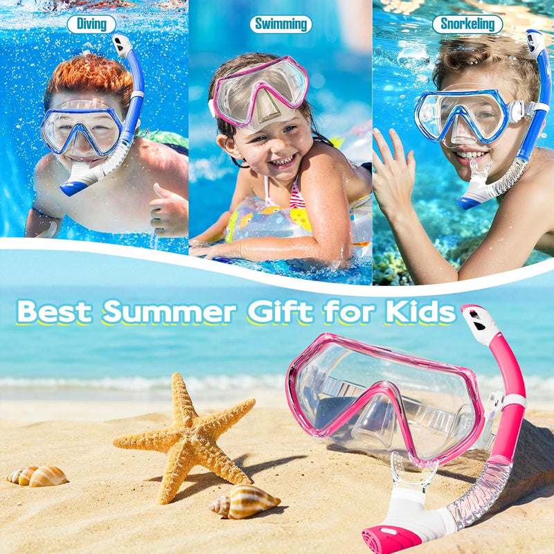 2 Sets Kids Snorkeling Gear for Ages 3-14, Anti-Fog 180° Clear View Dry Top Snorkel Set, Swimming Mask with Nose Cover & Tempered Glass Goggles for Youth Boys Girls Junior