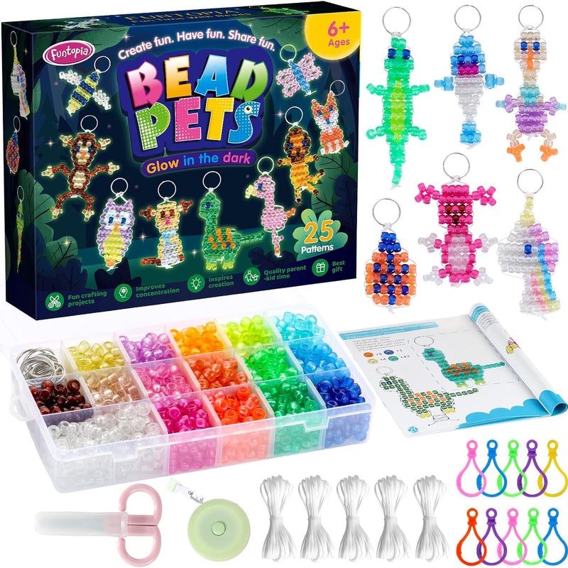 Beads for Crafts, Pony Beads Keychain Making Kit, Bead Pets for Kids Girls | Funtopia Bracelet Making kit Beaded Animal Set Birthday Party DIY Art Crafts for Girls Boys Beginners(1500 Bead, 30 Designs)