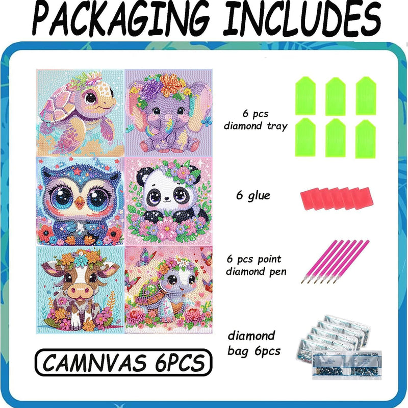 Acelii 6 Pack 5D Cartoon Diamond Painting Kits for Kids Beginners | Cute Animals DIY Diamond Art Kit for Kids,Full Round Drill Big Gem Art for Kid,Home Wall Decoration 6X6 inch