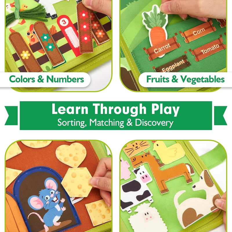 hahaland Busy Book for Toddlers - 20-in-1 Montessori Farm Busy Board for 1 Year Old Gifts, Educational Learning Toys