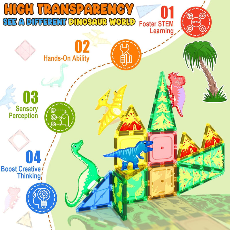 Coodoo Dinosaur Magnetic Tiles STEM Sensory Toy for 3+ Year Old Kids