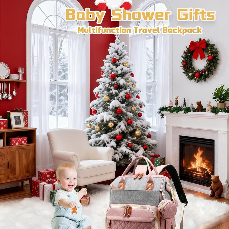 Diaper Bag with Changing Station, Waterproof 3 in 1 Diaper Backpack with Foldable Changing Pad, Large Travel Backpack for Mom & Dad, Baby Gift for Baby Girl & Boy, Pink-Grey