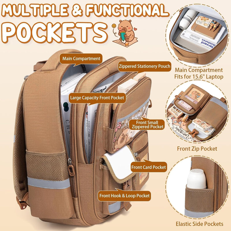 Fimibuke Capybara Backpack for School Girls, 30PCS Capybara Toddler School Supplies Stationery Set with Bookbag Pencil Case Pens Pencils Notebook for Back to School Kindergarten Elementary Student