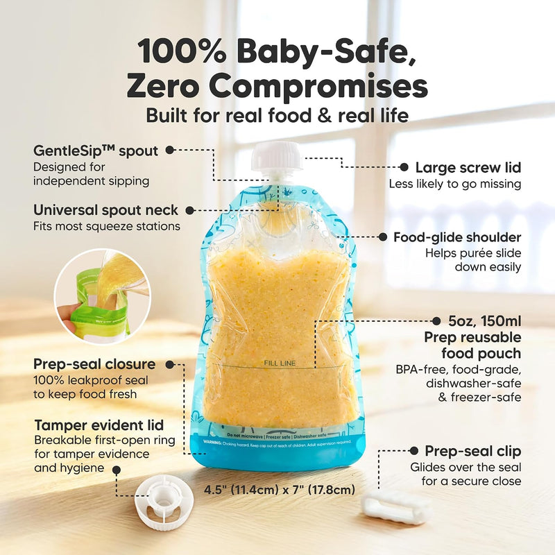 12-Pack Reusable Baby Food Pouches Refillable, 5oz, BPA-Free (Little Zoo) | Dishwasher-safe, Freezer-safe Reusable Pouches for Toddlers, Kids Squeezable Yogurt, Apple Sauce, Baby Fruit Puree Container