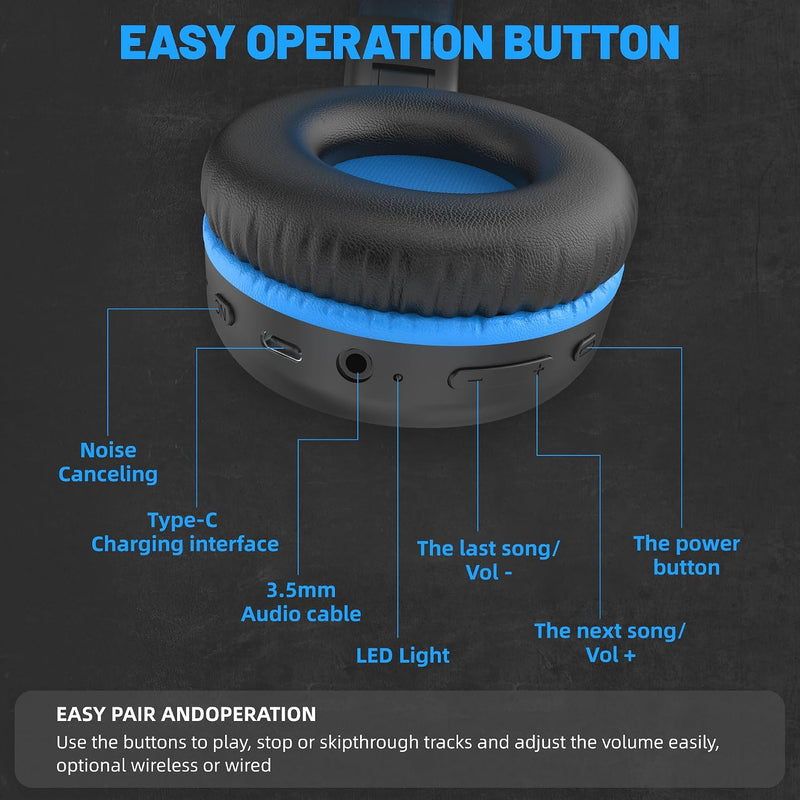 UKELALA U2B Active Noise Canceling Wired & Wireless Bluetooth 6.0 Headphones with Microphone, Foldable Lightweight Head Phones with Volume Control‌ for Kids Adult School Black Blue